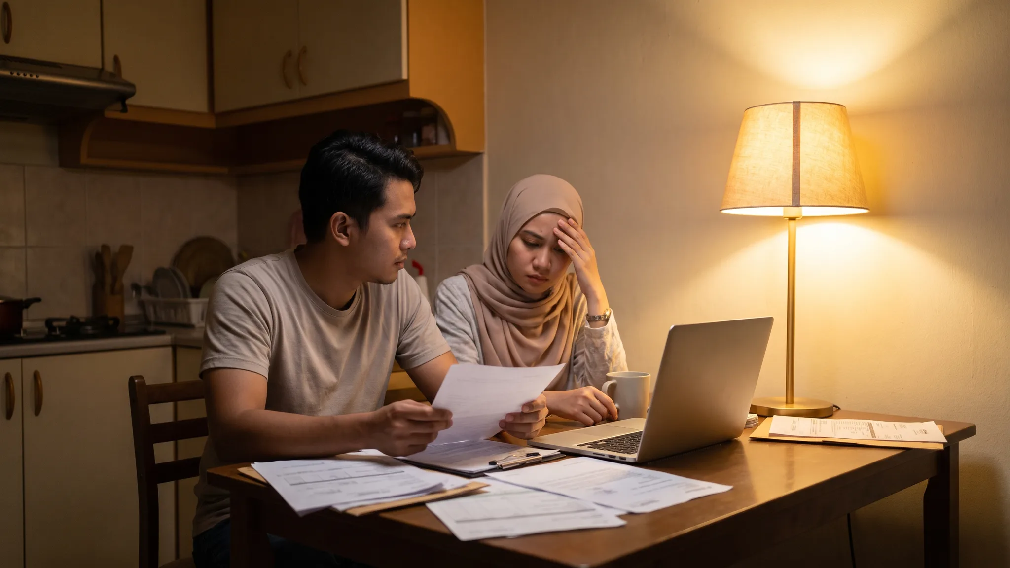 Pasangan muda Malaysia menyemak bil dan komputer riba pada waktu malam