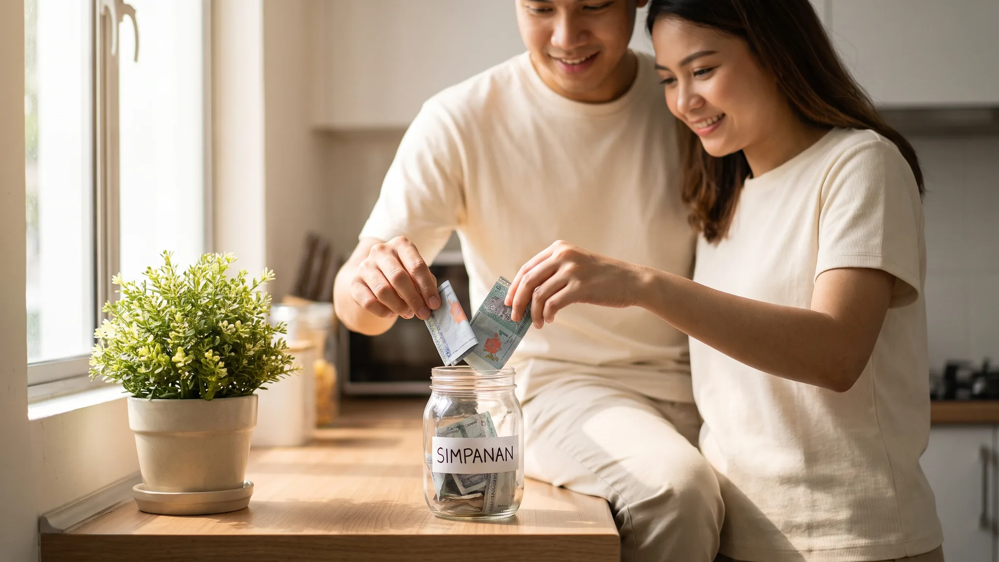 Pasangan Malaysia memasukkan wang simpanan ke dalam balang di dapur