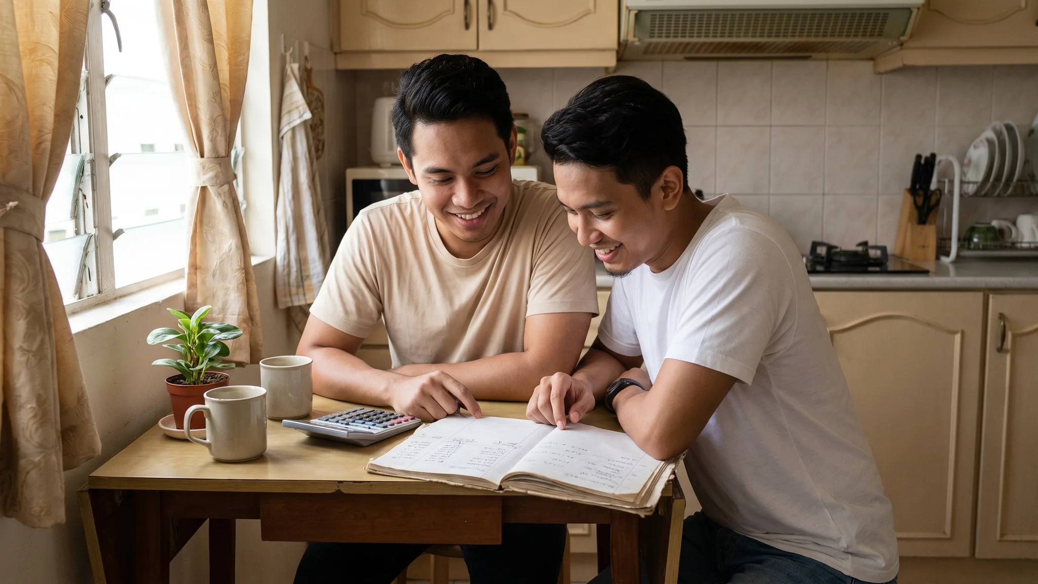 Pasangan Malaysia menyemak bajet perkahwinan bersama di meja dapur