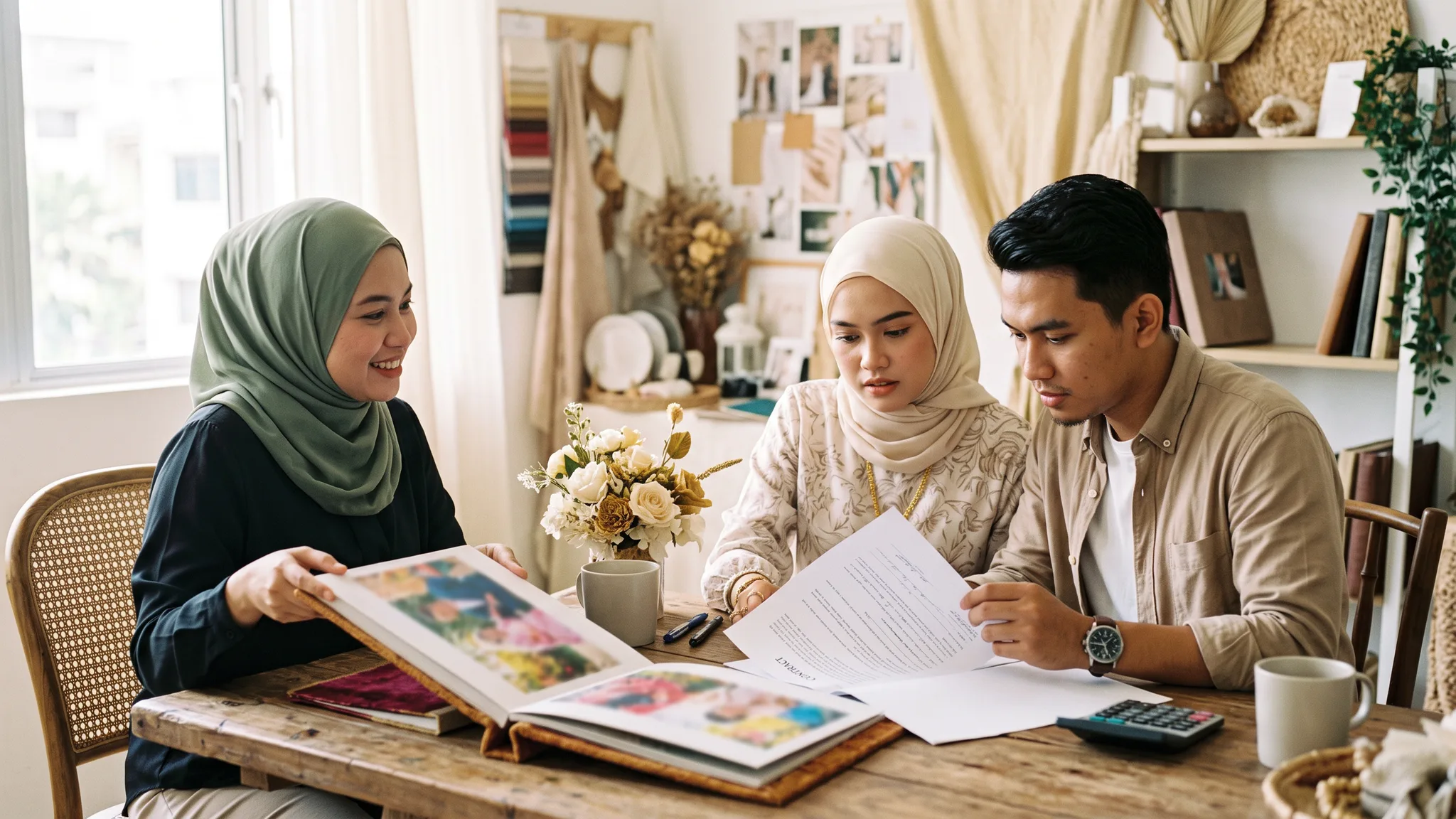 Pasangan Malaysia menyemak kontrak dengan vendor perkahwinan