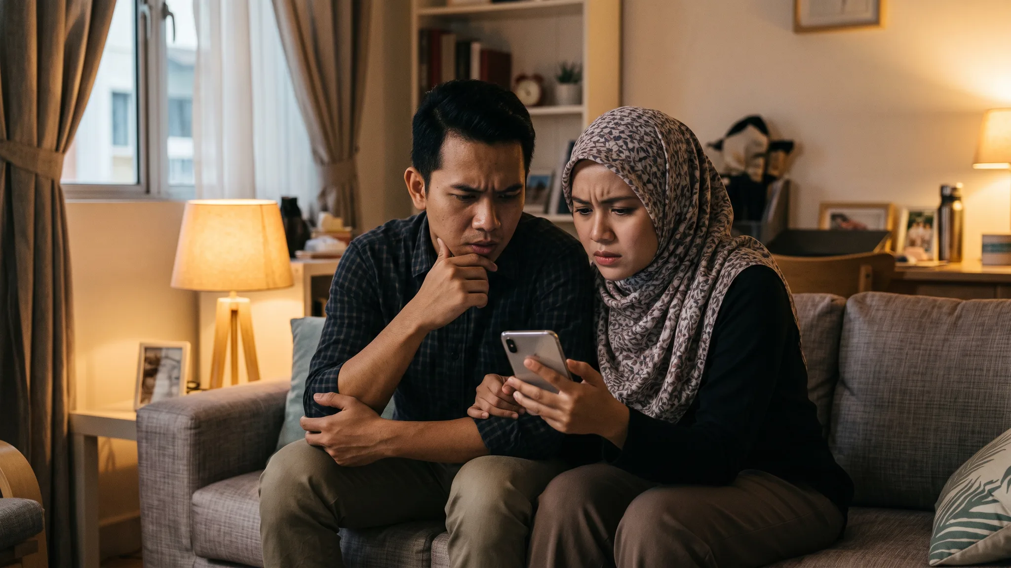 Pasangan Malaysia kelihatan risau melihat telefon di rumah